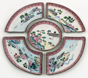 An antique Beijing enamel five piece savory set, 19th/20th century, ​​​​​​​31cm diameter