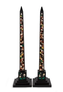 An impressive pair of Italian Grand Tour pietra dura and specimen hardstone inlaid obelisks, 19th century, 78cm high