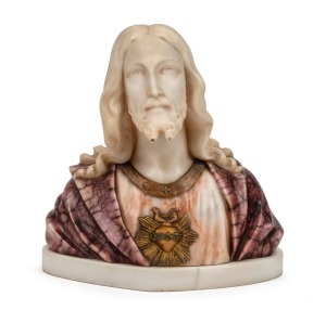 An antique Italian carved marble and alabaster bust of Jesus, signed "Carli", 34cm high