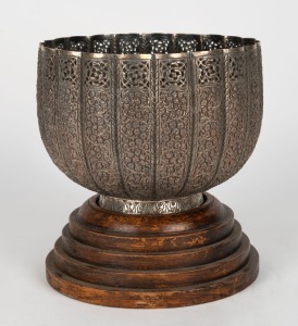 An antique Indian silver plated bowl on timber stand, 19th century, 26cm high overall