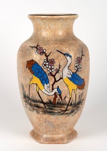 DEBOIS Belgium ceramic vase with enamel bird decoration, signed "A. DEBOIS", 37cm high