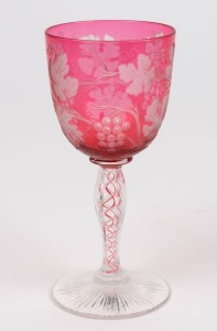 An antique Continental ruby air twist stem wine glass with etched grape decoration, 19th century, ​​​​​​​15cm high