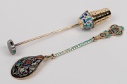 A fine quality Russian silver and enamel teaspoon, together with a Soviet era Russian silver tea brewing spoon with enamel decoration, (2 items), 12.5cm and 11cm long,  - 2