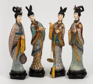 Set of four Chinese cloisonne statues with carved ivory heads and hands, all on carved wooden stands, mid 20th century, ​​​​​​​26cm high