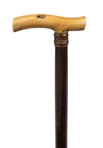An antique Japanese walking stick with carved ivory Shibayama handles, gilt metal collar, timber shaft and brass ferrule, 19th century, 81cm high