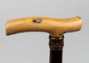 An antique Japanese walking stick with carved ivory Shibayama handles, gilt metal collar, timber shaft and brass ferrule, 19th century, ​​​​​​​81cm high - 2