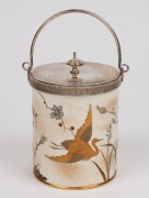 ROYAL WORCESTER antique English porcelain biscuit barrel with silver plated mount, adorned with Aesthetic Movement decoration in the Japanese style, 19th century, factory mark to base, ​​​​​​​22cm high overall