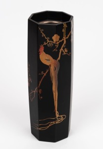 A vintage Japanese octagonal black lacquered vase with cockerel decoration, early to mid 20th century, ​​​​​​​27.5cm high