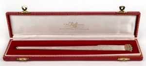 A vintage sterling silver letter opener with gilt crown top, housed in original scarlet leather box, 20th century, 24cm long, 60 grams