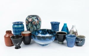 Twelve assorted studio pottery vases, beaker and bowl, including MITSUO SHOJI and BARRY BLIGHT, the largest 23cm high