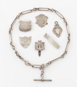 Antique Australian silver fob chain, Australian silver brooches, fobs, etc., 19th/20th century, (7 items), 83 grams total