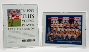 ex NATHAN BUCKLEY COLLECTION: Presentation photograph of all the Norwich Rising Star nominees for 1993. Pre-framed with glass on foam backing. Together with a Buckley signed advertisement for Norwich. (2 items).