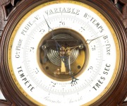 An impressive antique French aneroid wall barometer with exposed movement, housed in carved walnut surround, dial marked "Mon. LOISEAE. BOUCHAR, Sr. 35. QUAI DE L'HORLOGE, PARIS", 19th century, 91 x 62cm overall - 4