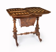 An antique English burr walnut games table with swivel fold-over top, inlaid for chess, cribbage and backgammon, circa 1860, ​​​​​​​74cm high, 69cm wide, 41cm deep - 2