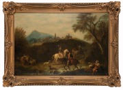 FRANCESCO ZUCCARELLI (1702-1788), (riders and figures in landscape, oil on mahogany board, bearing hand-written label verso "F. Zuccarelli", with additional inventory or possible catalogue labels (illegible), 50 x 75cm, 65 x 90cm overall - 2