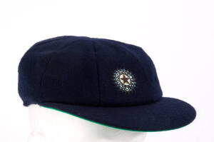 RAVI SHASTRI'S INDIAN TEST CAP, navy blue with wire embroidered Indian logo on front, signed on brim by Ravi Shastri. Good match-used condition. [Ravi Shastri played 80 Tests & 150 ODIs 1981-92. The highlight of his career was when he was elected Champion