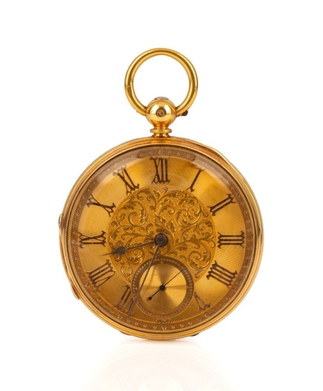 An antique English 18ct gold cased pocket watch with attractively engraved dial and Roman numerals, 19th century, 6.6cm high overall, 88 grams total including movement