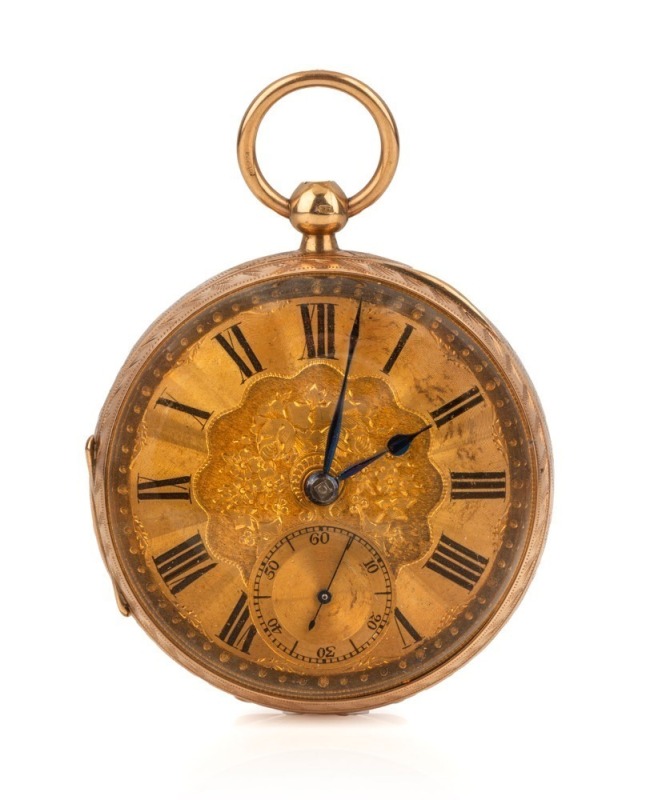 An antique English 9ct gold cased pocket watch with engraved case, key wind fusee movement, dust cover engraved "J. ALEXANDER & SON, LONDON CHRONOMETER MAKERS TO THE ADMIRALTY", 19th century, 7.3cm high overall, 124 grams total including movement