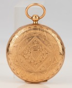 An antique English 9ct gold cased pocket watch with engraved case, key wind fusee movement, dust cover engraved "J. ALEXANDER & SON, LONDON CHRONOMETER MAKERS TO THE ADMIRALTY", 19th century, 7.3cm high overall, 124 grams total including movement - 2