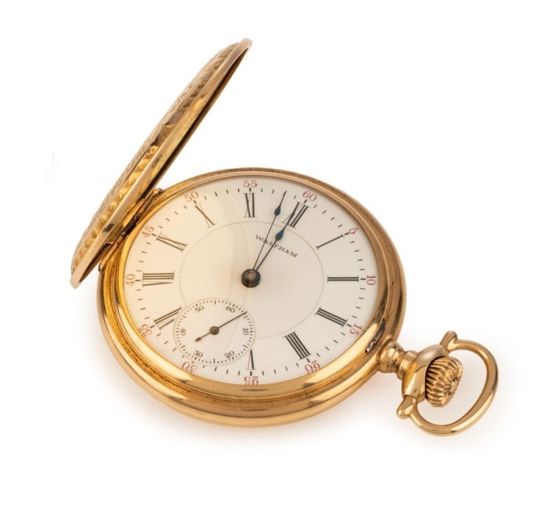 WALTHAM antique American 14ct gold full hunter cased pocket watch with white enamel dial, seconds subsidiary dial, and Roman numerals, 19th century, 6.8cm high overall, 92 grams total including movement