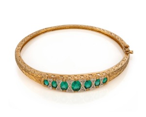 An antique 9ct gold bracelet, set with diamonds and green stones, 19th century, stamped "375", 6.5cm wide, (6cm wide internally), 14.2 grams total