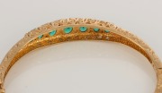 An antique 9ct gold bracelet, set with diamonds and green stones, 19th century, stamped "375", 6.5cm wide, (6cm wide internally), 14.2 grams total - 3