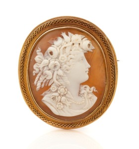 An impressive antique carved shell cameo brooch in 18ct yellow gold surround, circa 1860, 5.5cm high, 20.9 grams total