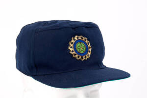 DEVANG GANDHI'S INDIAN CRICKET CAP, baseball-style, navy blue with wire embroidered Indian logo on front, signed inside by Devang Ghandi. G/VG condition. [Devang Ghandi played4 Tests & 3 ODIs 1999-2000].