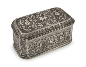 An antique Burmese silver betel box with ornate chased and repousse decoration, 19th/20th century, 8cm high, 15cm wide, 8.5cm deep, 430 grams