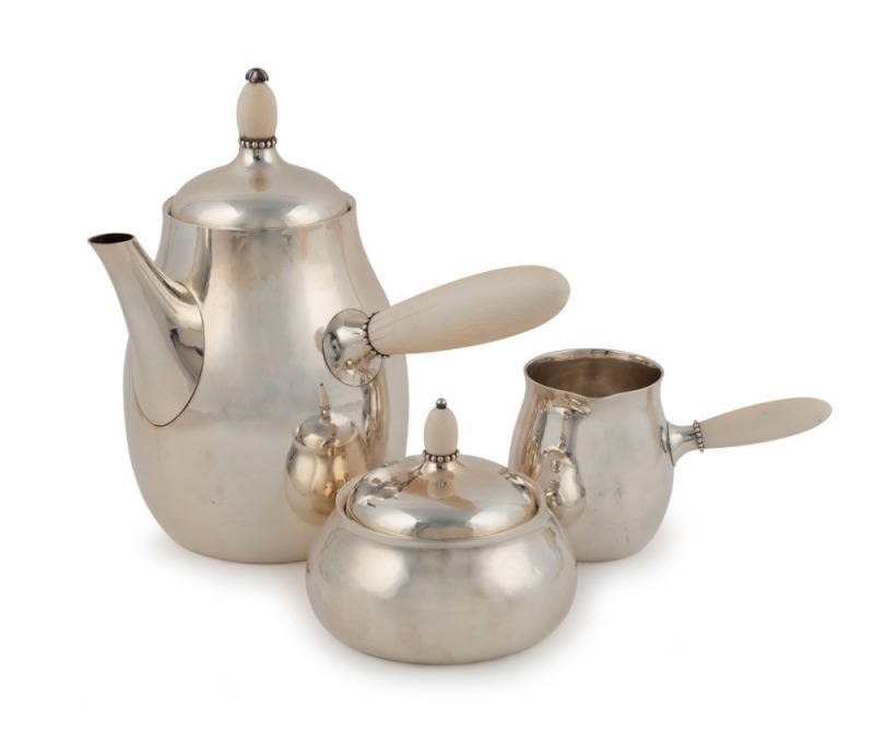 GEORG JENSEN stunning Danish sterling silver chocolate pot with ivory handle and finial, together with the matching creamer and sugar basin, (3 items), stamped "GEORG JENSEN, Denmark, Sterling, 80 C", ​​​​​​​the pot 20cm high, 892 grams total including ha