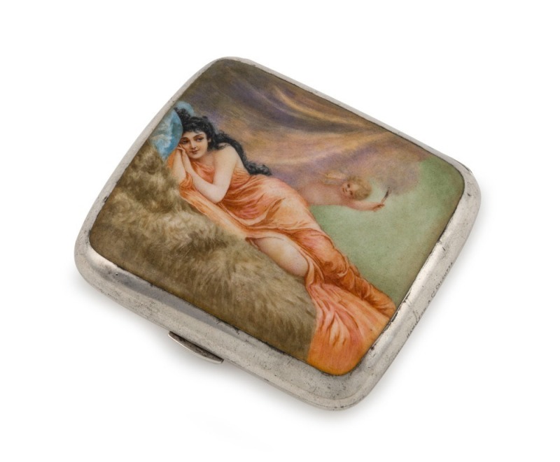 An antique English sterling silver cigarette case decorated with a fine enamel scene of a reclining lady and angel, made by Colen Hewer Cheshire of Birmingham, circa 1896, 9cm wide