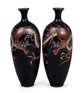 A fine quality pair of antique Japanese cloisonne vases with dragon decoration on dark ground, Meiji period, 19th/20th century, character mark to base, 15cm high