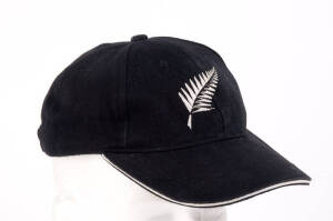 JACOB ORAM'S NEW ZEALAND CRICKET CAP, baseball-style, black with embroidered Silver Fern on front, worn & signed inside by Jacob Oram. Good match-used condition. [Jacob Oram has played 33 Tests, 160 ODIs & 36 T20Is 2003-12].