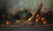 ARTIST UNKNOWN, (scullery still life with rabbits), oil on canvas, signed lower right "Gervaes", 59 x 99cm, 82 x 122cm overall