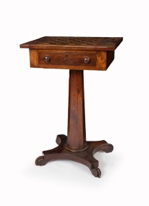 A William IV mahogany games top occasional table with single drawer on pedestal base, circa 1840, 68cm high, 46cm wide, 35cm deep