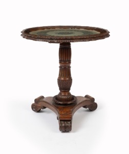 An antique English walnut veneered occasional table on pedestal base with later tapestry top, 19th/20th century, 60cm high, 56cm wide, 56cm deep