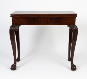 An antique English George III gate-leg tea table with fold over top, attractively carved ball and claw feet with acanthus carved knees, 18th century, note re-veneered top, 72cm high, 79cm wide, 40cm deep