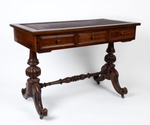 An antique English mahogany side table with three drawers on stretcher base, top, 19th century, 79cm high, 113cm wide, 57cm wide