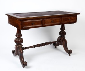 An antique English mahogany side table with three drawers on stretcher base, top, 19th century, 79cm high, 113cm wide, 57cm wide