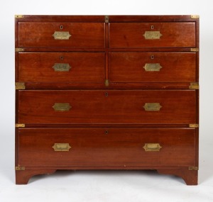 An antique English teak military chest of drawers with unusual drawer configuration, 19th century, 99cm high, 107cm wide, 49cm deep