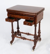 An antique English mahogany fold-over games table with carved stretcher base, circa 1880, 74cm high, 62cm wide, 42cm deep, (83cm open) - 2