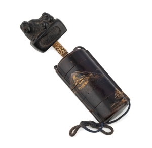 An antique Japanese lacquered inro with carved ivory ojime and boxwood netsuke, Edo/Meiji Period, 19th century, ​​​​​​​the inro 7.5cm high
