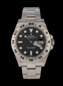 ROLEX "EXPLORER II" Oyster Perpetual Date wristwatch in stainless steel case with black dial, near mint condition with original box, papers, spare link and swing tag, 4.5cm wide including crown
