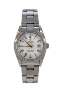 ROLEX Oyster Perpetual Date wristwatch in stainless steel case with white dial and Roman numerals with gilt hands, in original box with papers and swing tag, 3.7cm wide including crown - 2