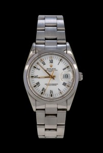 ROLEX Oyster Perpetual Date wristwatch in stainless steel case with white dial and Roman numerals with gilt hands, in original box with papers and swing tag, 3.7cm wide including crown