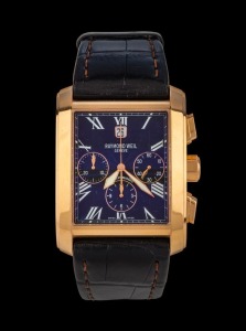 RAYMOND WEIL "DON GIOVANNI" automatic chronograph wristwatch in 18ct gold case with black dial and Roman numerals, in original case, 4.4cm wide including crown