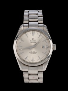 OMEGA "SEAMASTER AQUA TERRA" automatic wristwatch in stainless steel case with brushed steel dial, date window and baton numerals, in original case and box with additional links, 4.2cm wide including crown