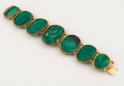 An antique 22ct gold bracelet, set with seven graduated polished malachite stones, housed in original plush fitted leather box, early to mid 19th century, ​​​​​​​17cm long - 3