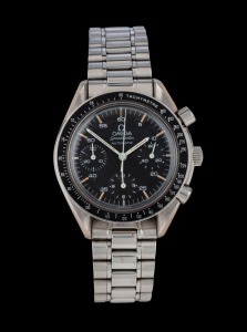 OMEGA "SPEEDMASTER" automatic chronograph wristwatch in stainless steel case with black dial, baton numerals and black tachymeter, with red Omega case, 4.1cm wide including crown