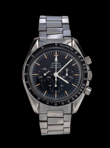 OMEGA "SPEEDMASTER" chronograph wristwatch in stainless steel case with black dial, baton numerals and black tachymeter. 4.2cm wide including crown